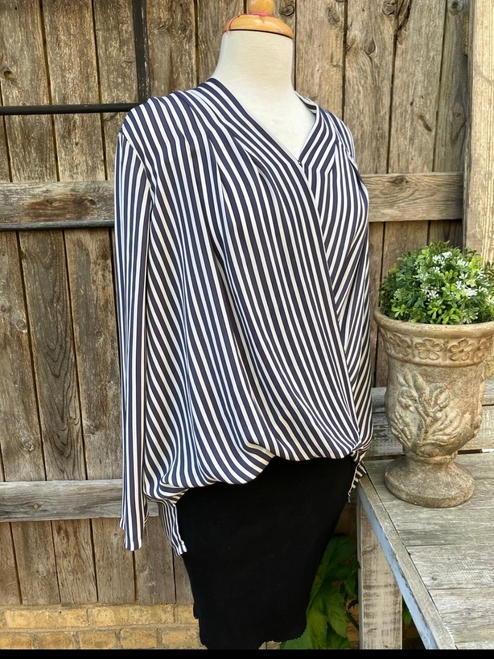 Ann Taylor Navy and White Striped Wrap-Style Blouse